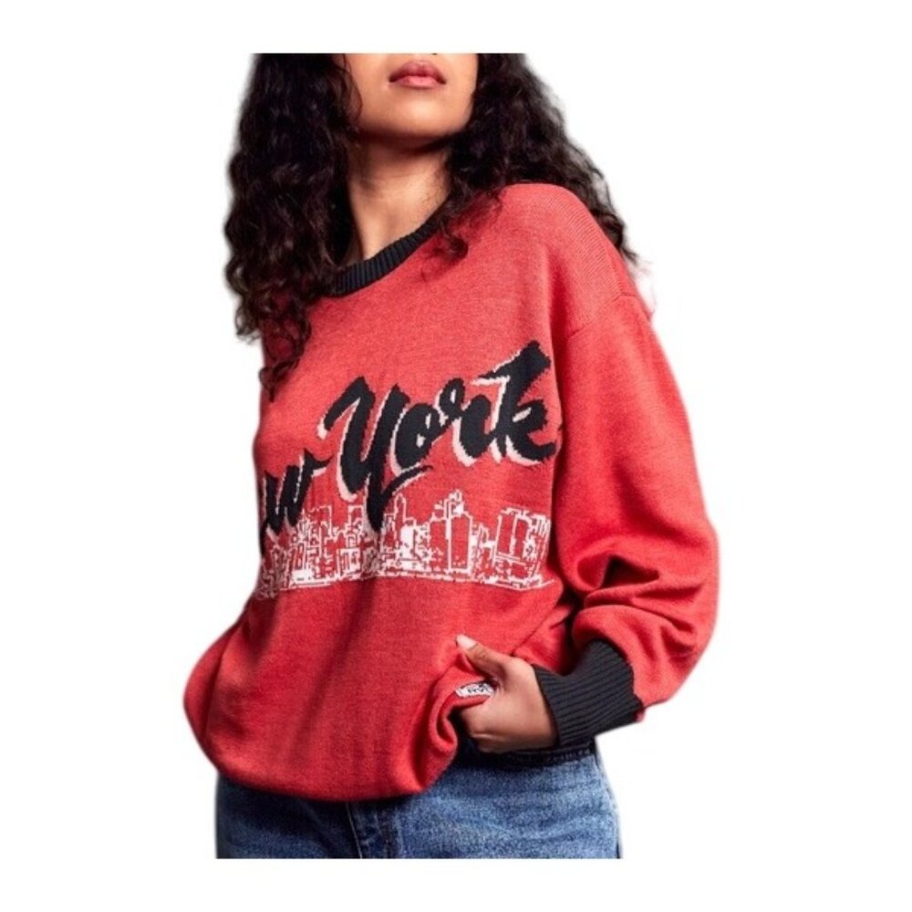 RVCA STELLA MAXWELL Skyline Sweater Sz L Red Black Colorblock New York Graphic
